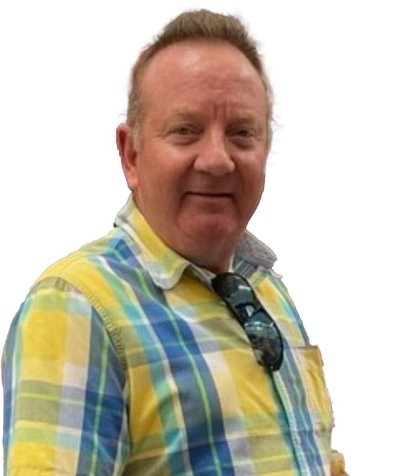 Man wearing a yellow and blue plaid shirt with sunglasses on a white background