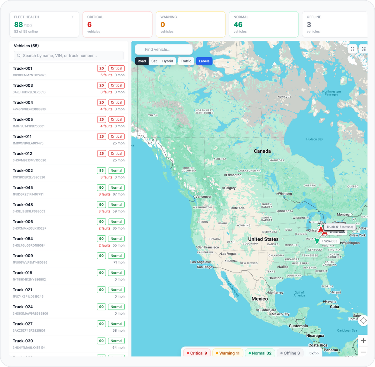OTR Remote Diagnostics fleet dashboard with trucks on a live map