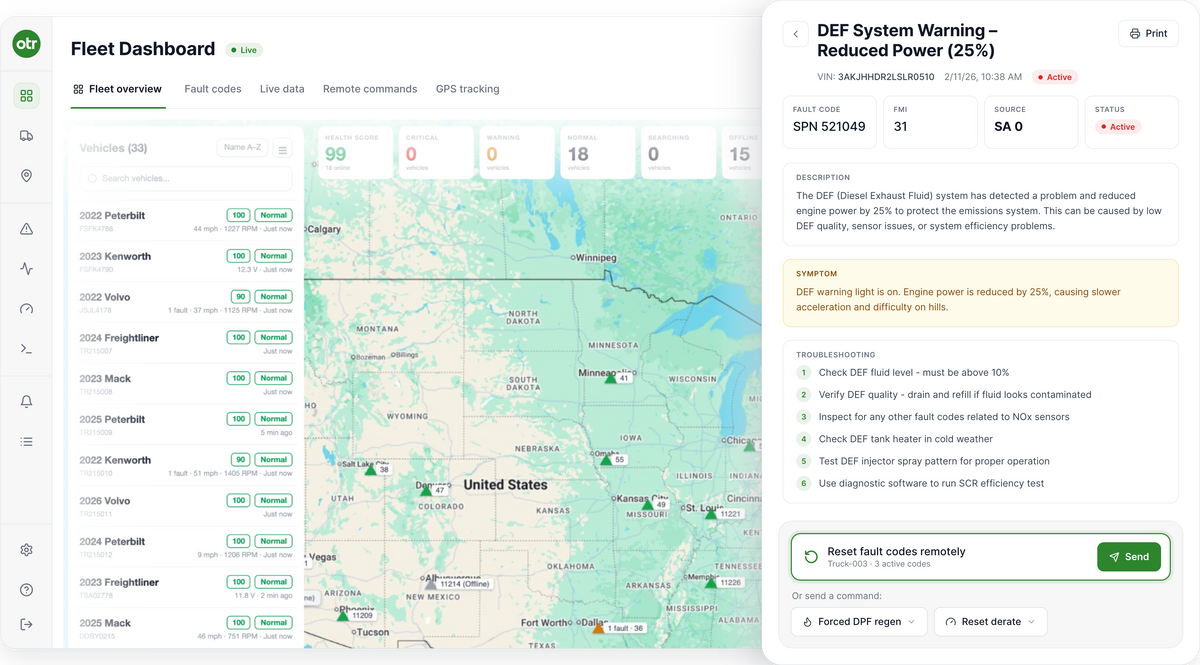 OTR Remote Diagnostics fleet dashboard and fault code detail