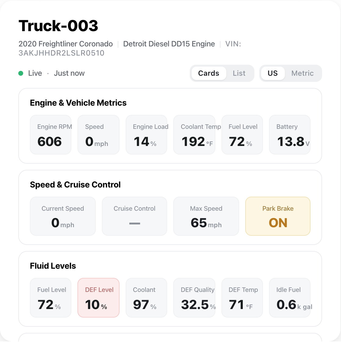 Truck-003 live engine data