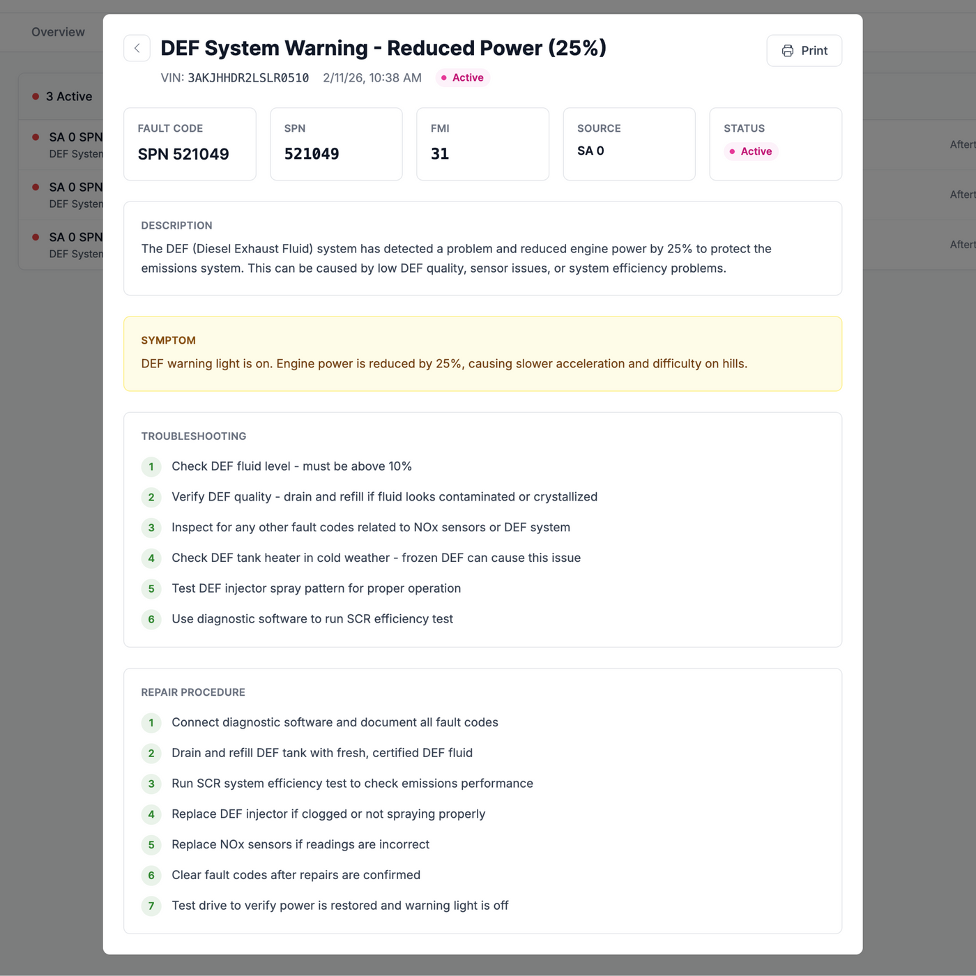 Fault code detail with troubleshooting and repair steps