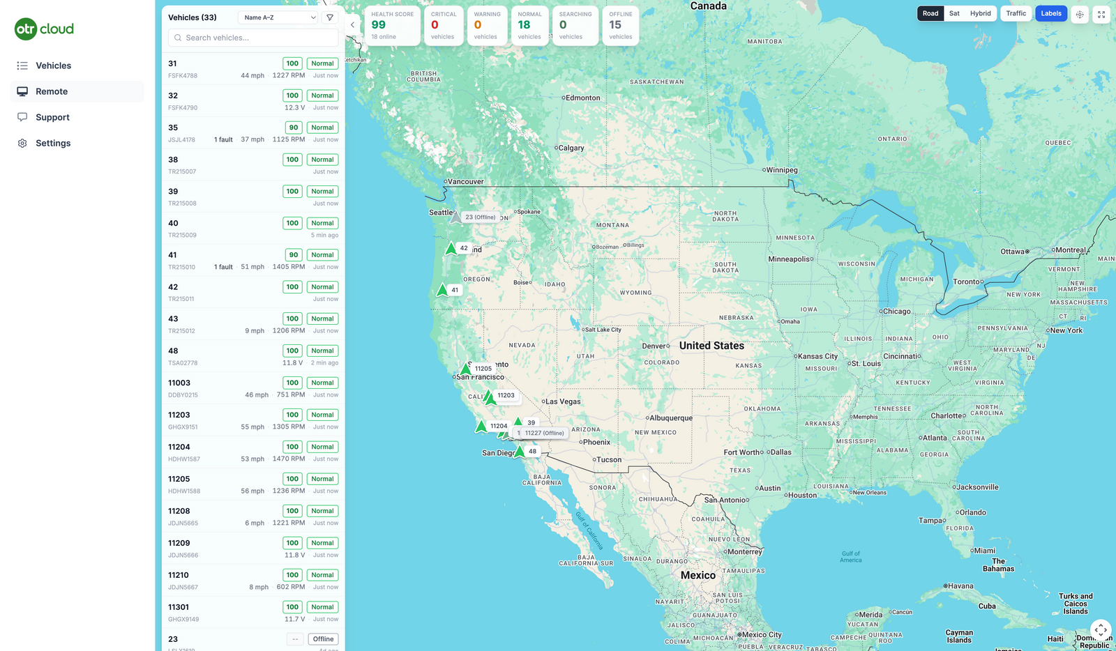 OTR Cloud fleet dashboard showing 33 vehicles with health scores and live locations on a map