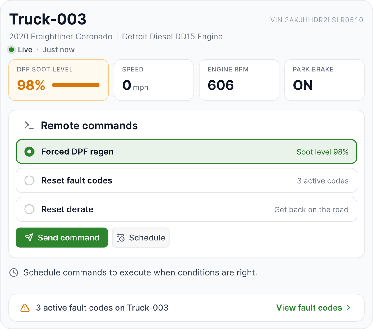 OTR Remote Diagnostics remote commands panel for Truck-003