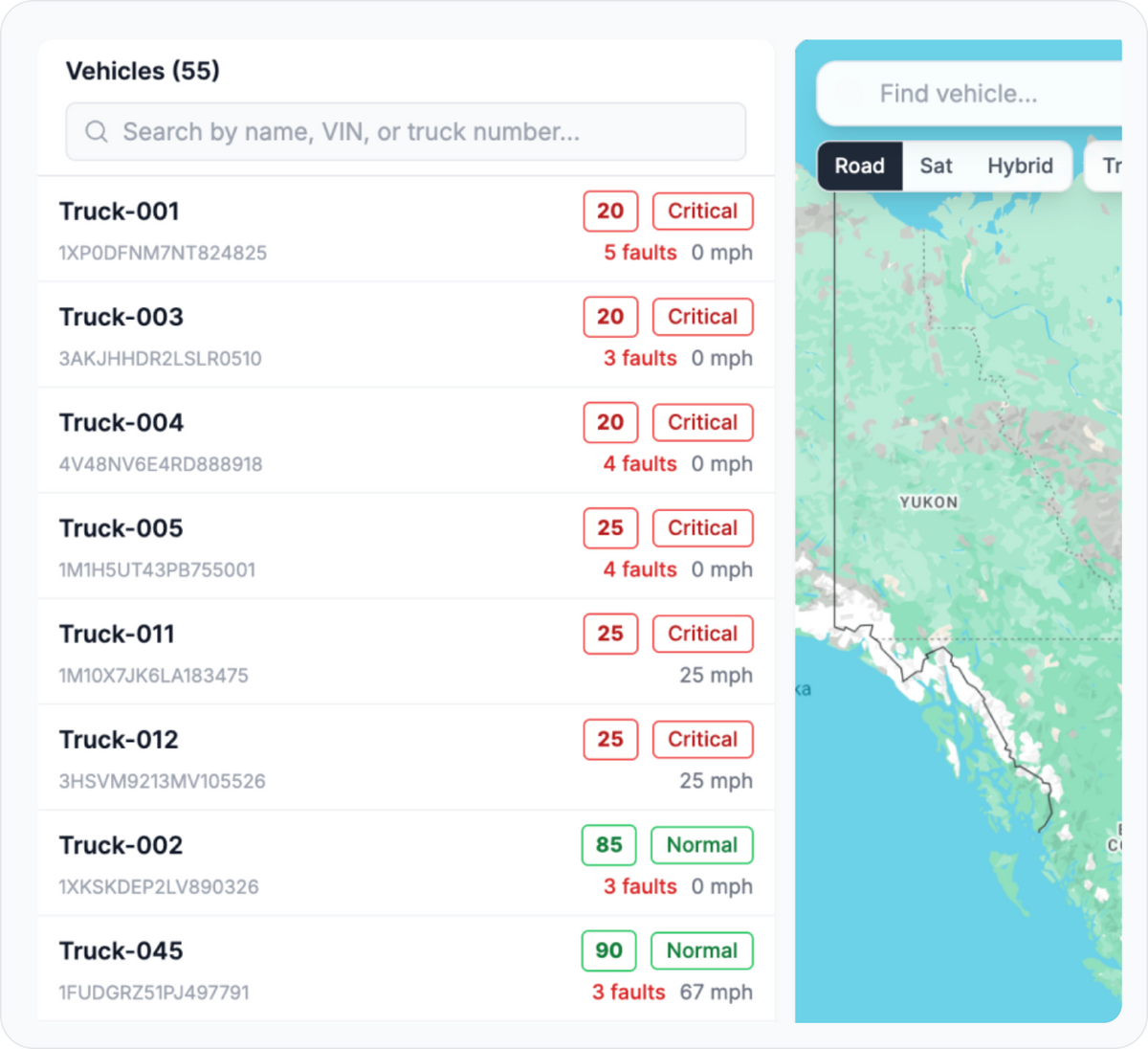 Vehicle list searchable by truck number or VIN