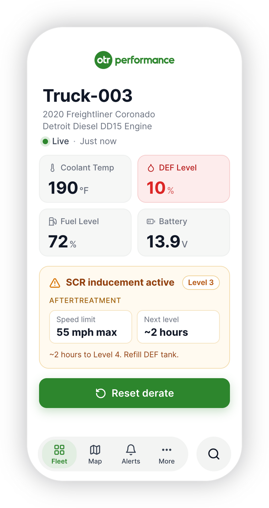 OTR app showing Truck-003 live data and SCR inducement alert
