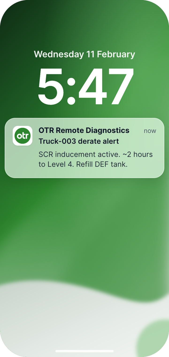 Phone lock screen with an OTR Remote Diagnostics derate alert