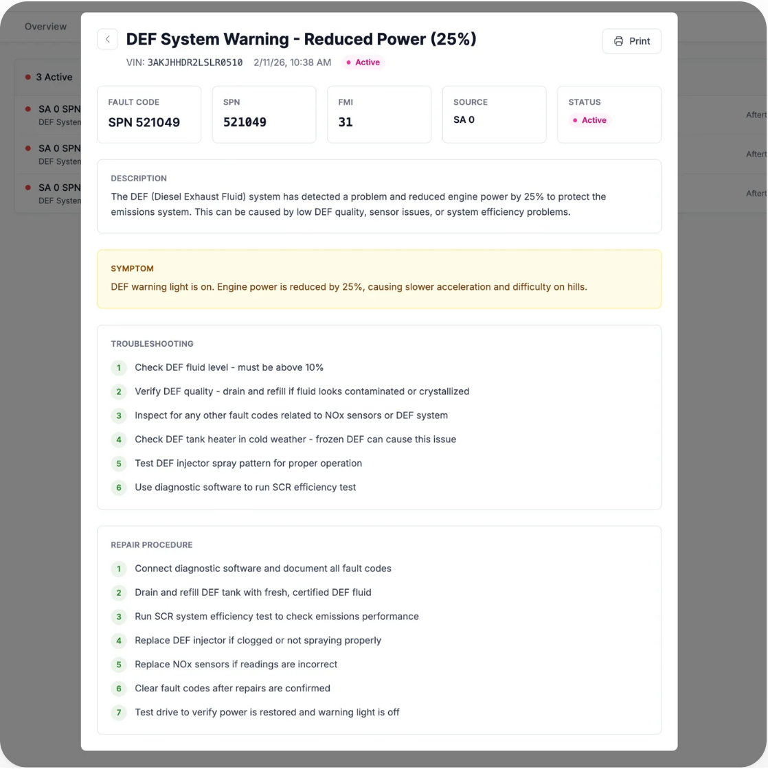 Fault code detail with troubleshooting and repair steps
